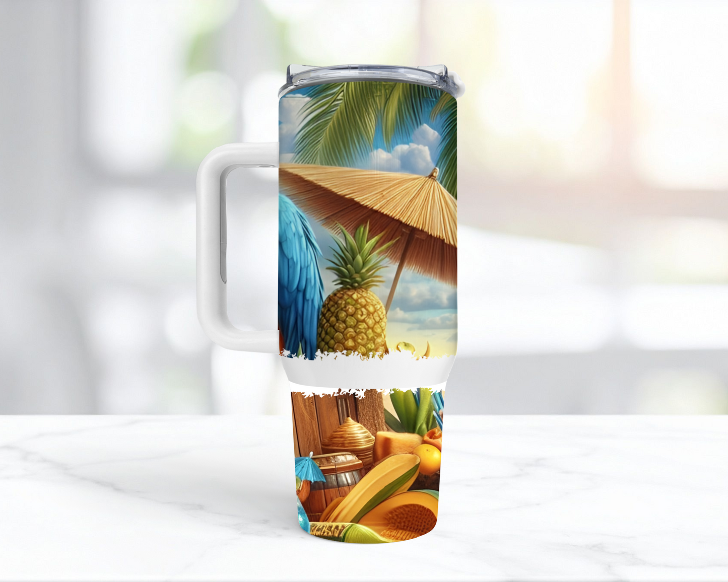 Blue and Gold Macaw Pair Sitting at Tiki Bar 40oz Tumbler