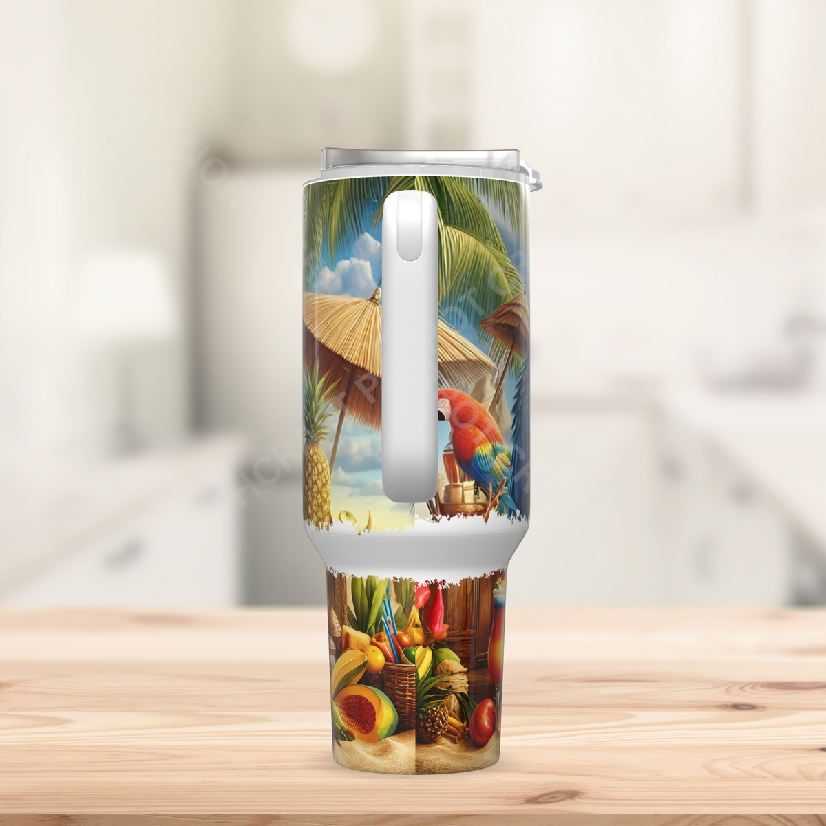 Blue and Gold Macaw Pair Sitting at Tiki Bar 40oz Stainless Steel Tumbler