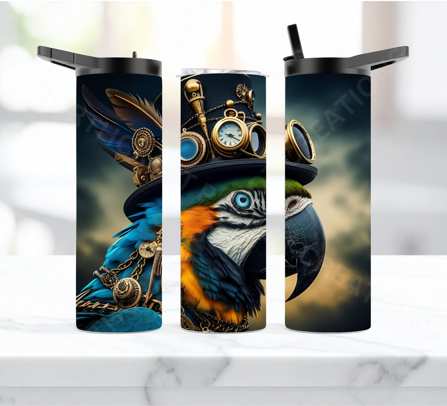 Blue & Gold Macaw in a Steampunk Theme 20oz or 30oz Duo-lid Tumbler