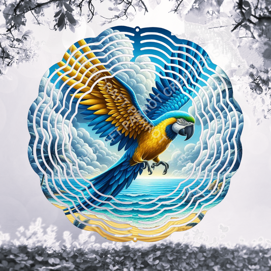 Blue and Gold Macaw with Wings Open in Clouds 8" or 10" Wind Spinner