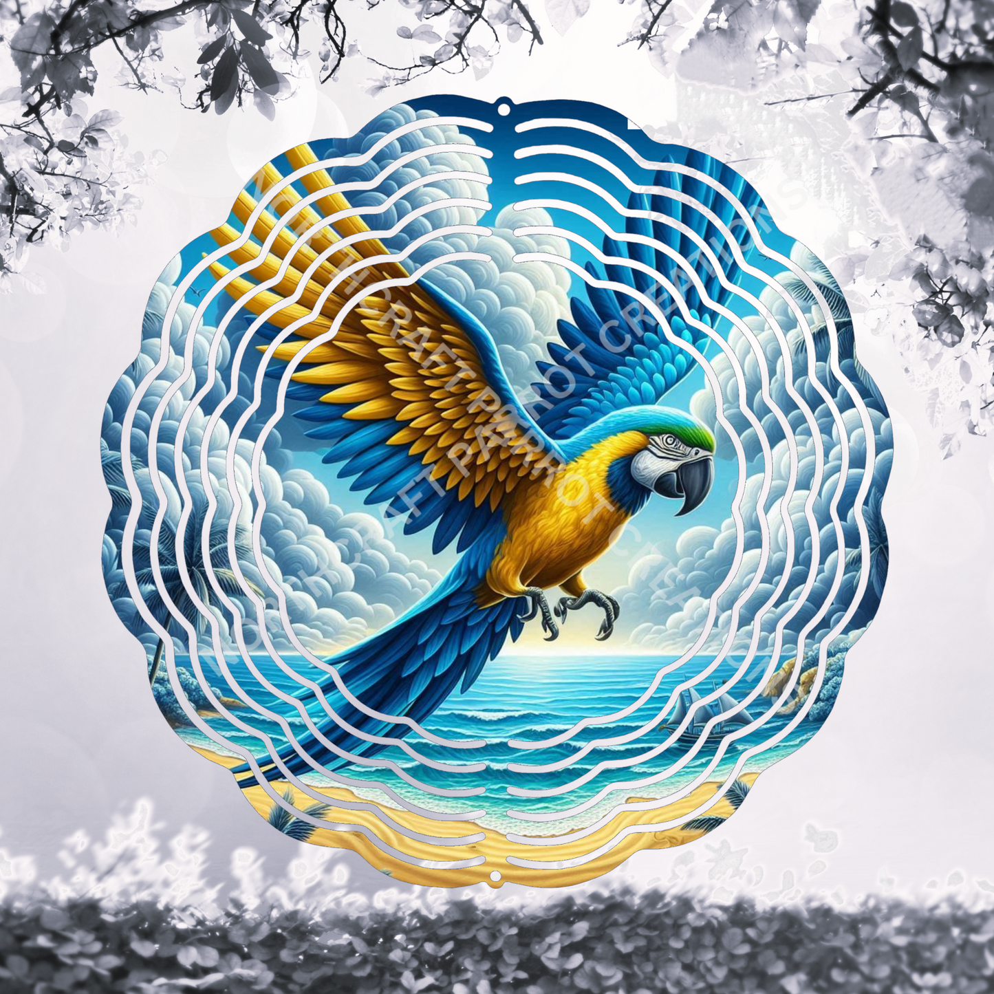 Blue and Gold Macaw with Wings Open in Clouds 8" or 10" Wind Spinner