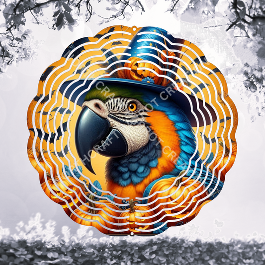 Blue and Gold Macaw with Witch Hat Halloween 8" or 10" Wind Spinner