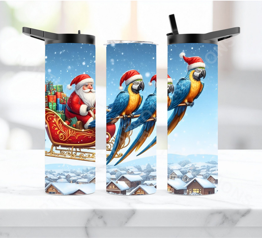 Blue and Gold Macaws Pulling Santa's Sleigh Christmas 20oz or 30oz Duo-lid Tumbler