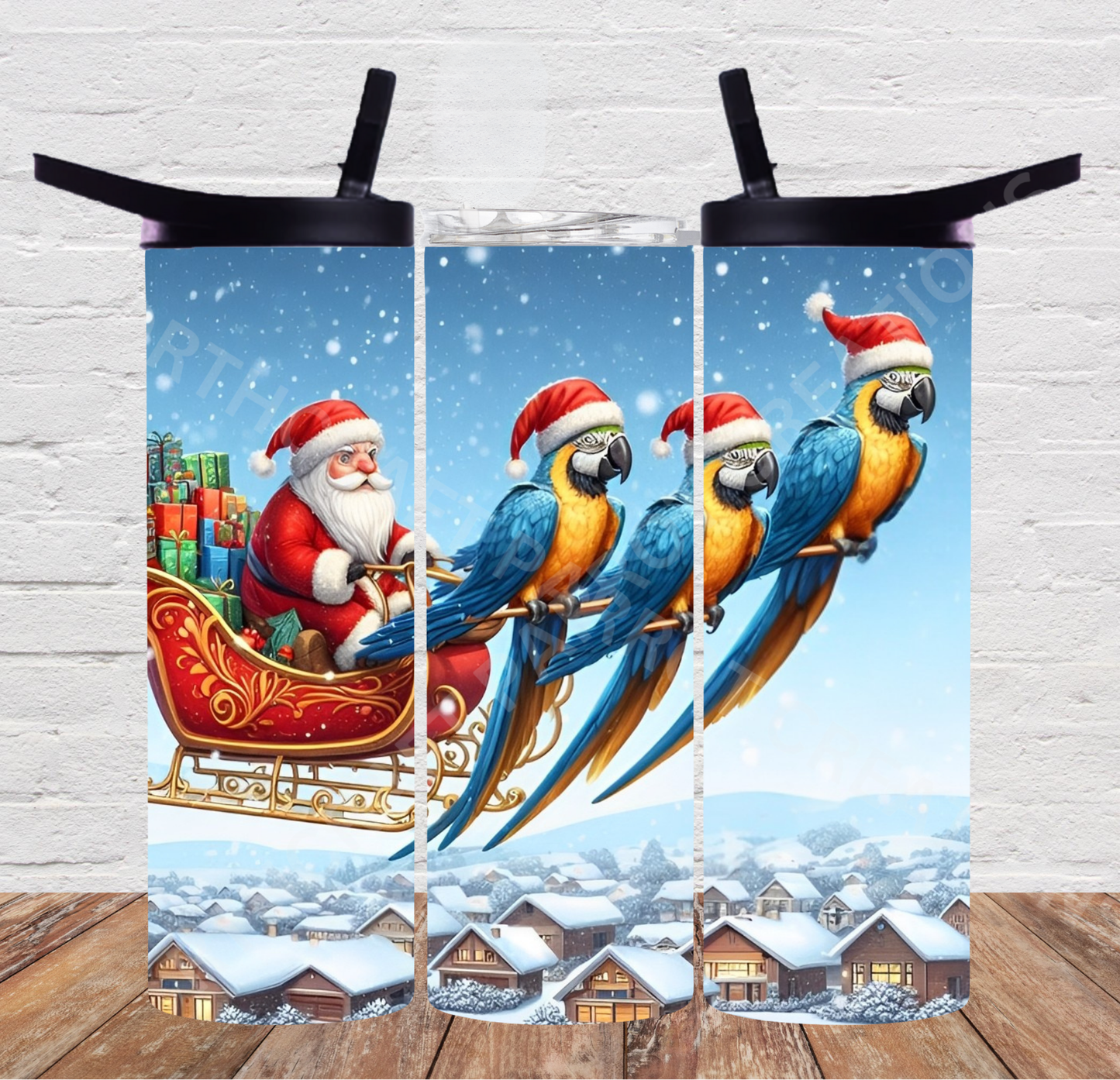 Blue and Gold Macaws Pulling Santa's Sleigh Christmas 20oz or 30oz Duo-lid Tumbler