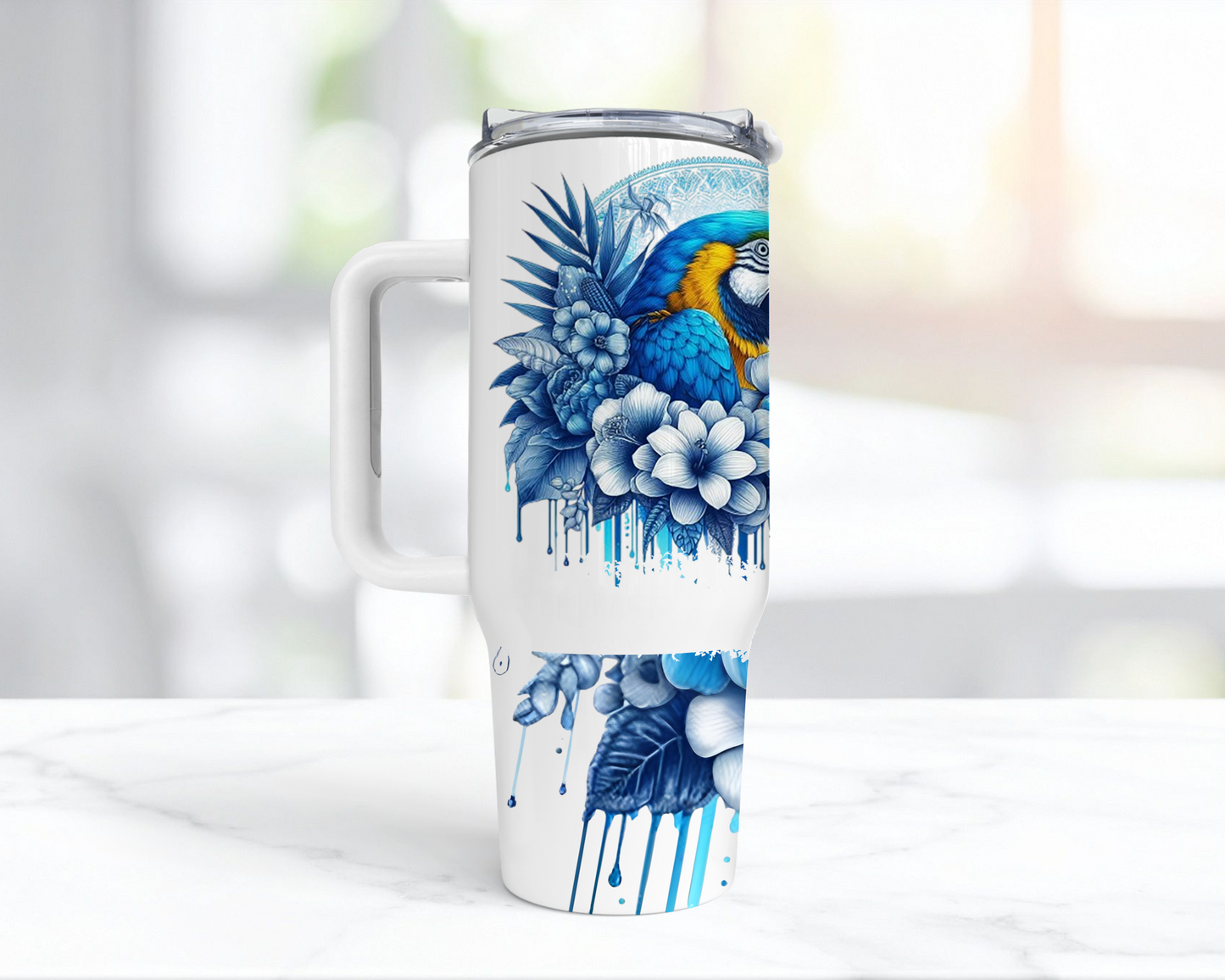 Blue and Gold Macaw with Blue Flowers