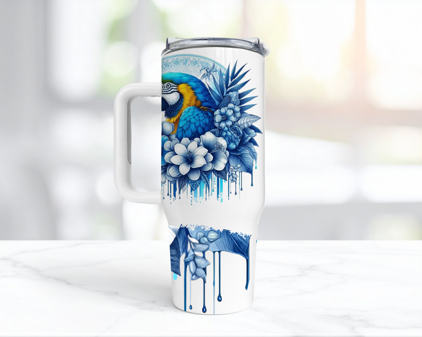 Blue and Gold Macaw with Blue Flowers