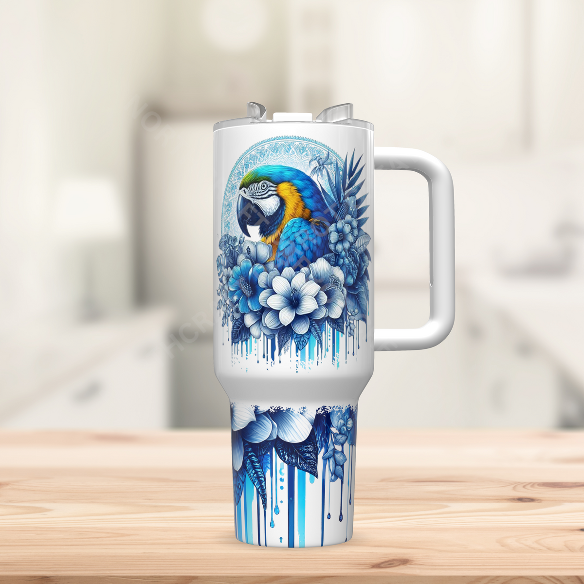 Blue and Gold Macaw with Blue Flowers 40oz Stainless Steel Tumbler