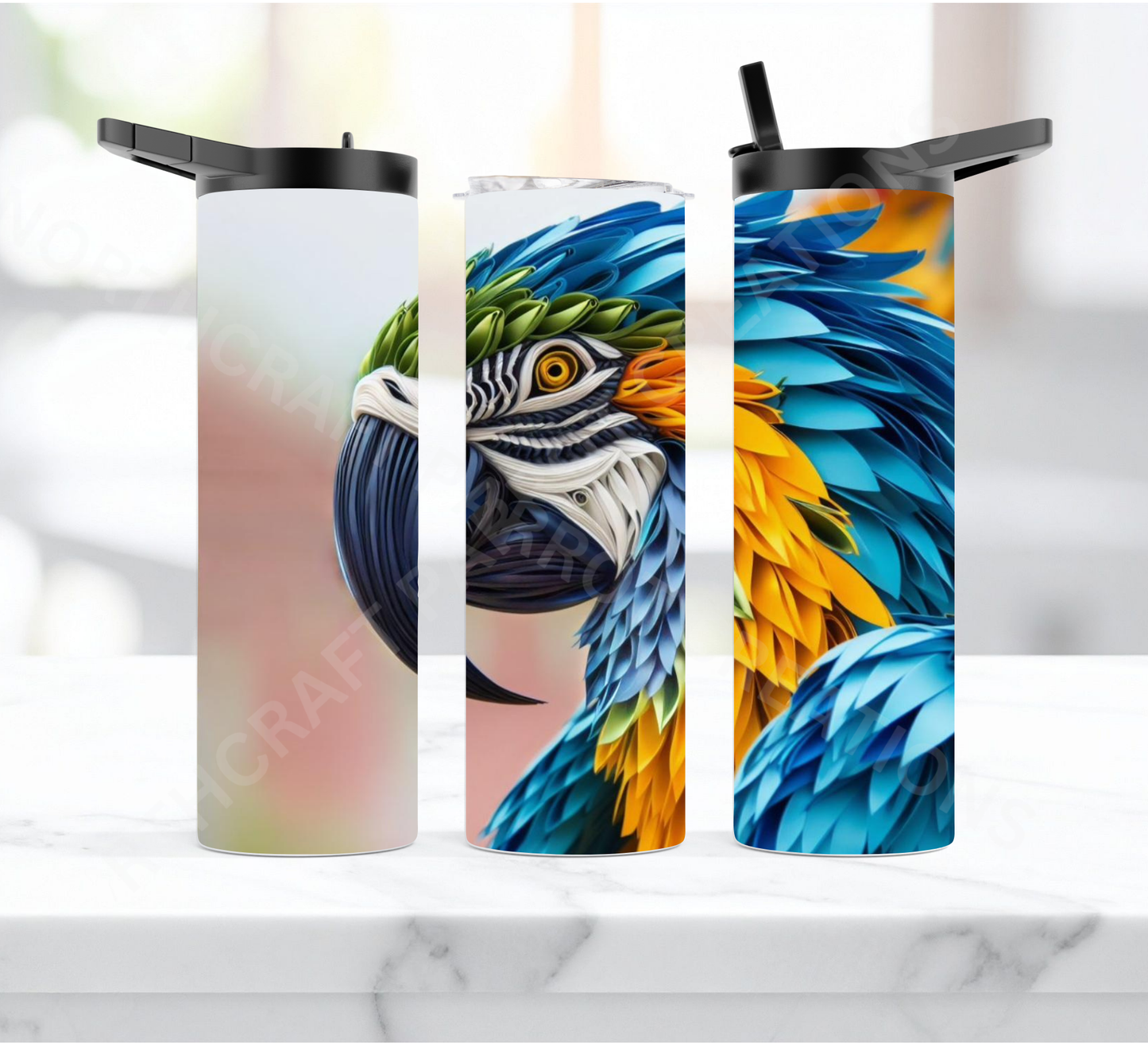 Blue & Gold Macaw in a Ribbon Effect 20oz or 30oz Duo-lid Tumbler