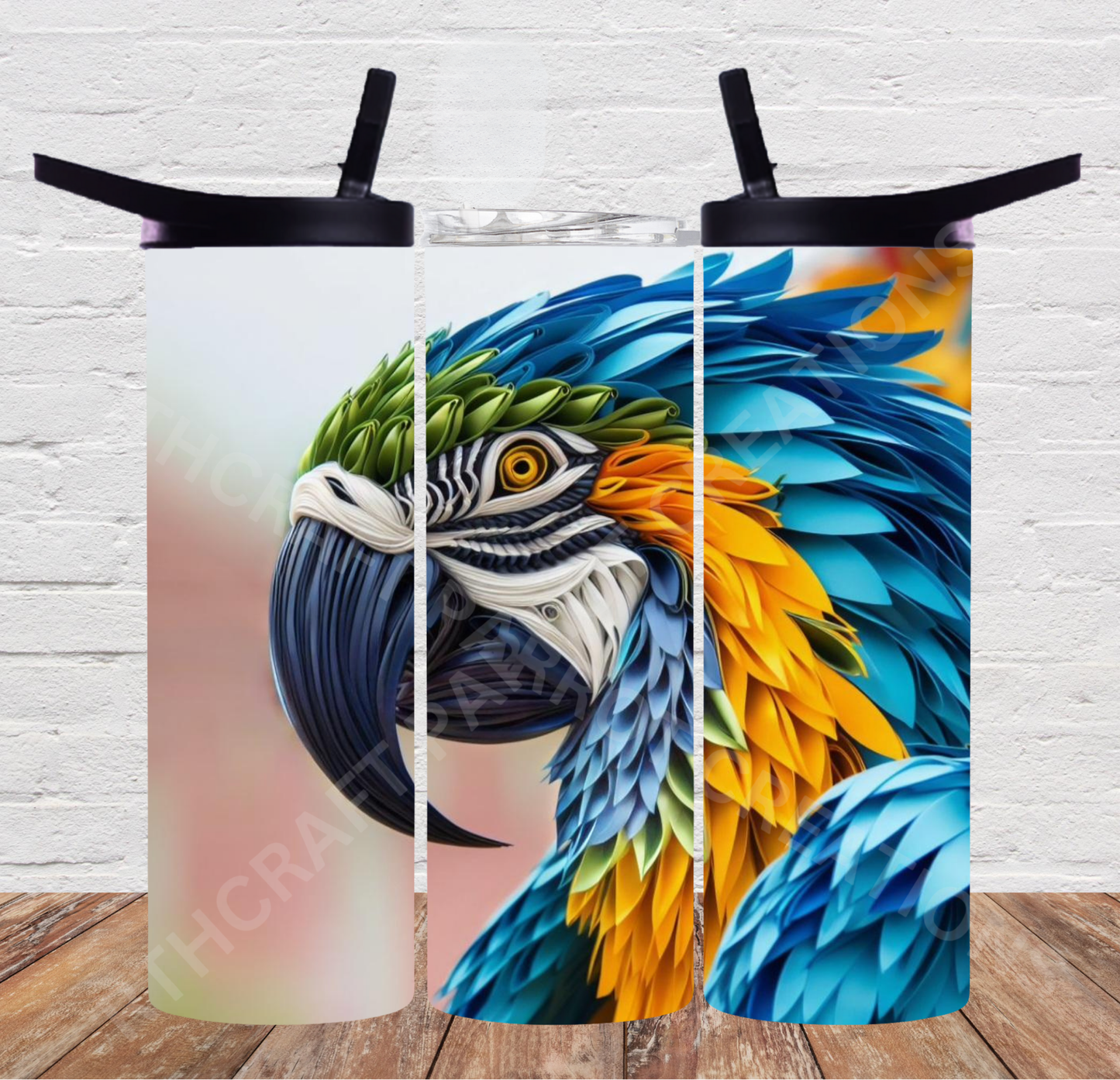 Blue & Gold Macaw in a Ribbon Effect 20oz or 30oz Duo-lid Tumbler