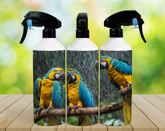Blue and Gold Macaw Flock on Branch in Rain 16oz Misting Spray Bottle