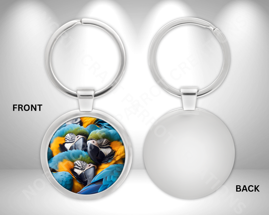 Blue and Gold Macaw Flock Snuggled Together Circle Metal Keychain
