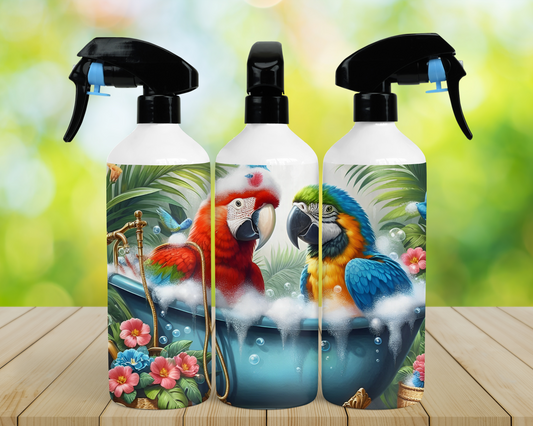 Blue and Gold Macaw & Green-winged Macaw in Bubble Bath Garden 16oz Misting Spray Bottle