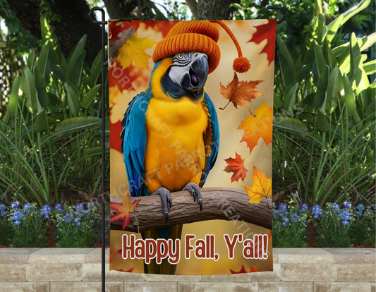 Blue and Gold Macaw "Happy Fall Y'all" Garden Flag