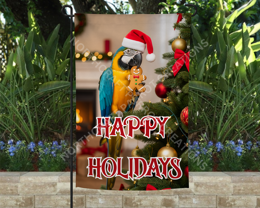 Blue and Gold Macaw Happy Holidays Christmas Garden Flag