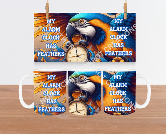 Blue and Gold Macaw "My Alarm Clock Has Feathers" 15oz Ceramic Mug