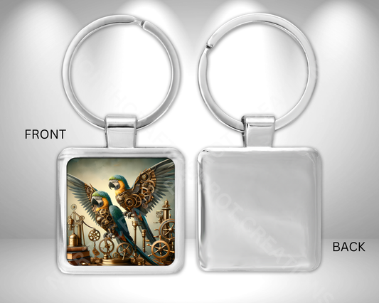 Blue and Gold Macaw Pair in Steampunk Theme Square Metal Keychain