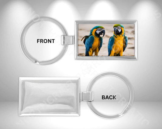 Blue and Gold Macaw Pair on Beach Rectangle Metal Keychain