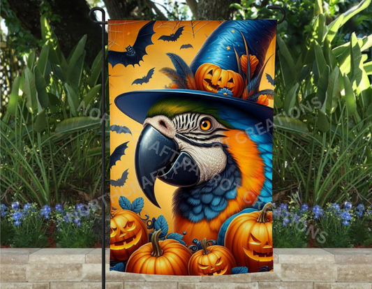 Blue and Gold Macaw with Witch Hat Halloween Garden Flag