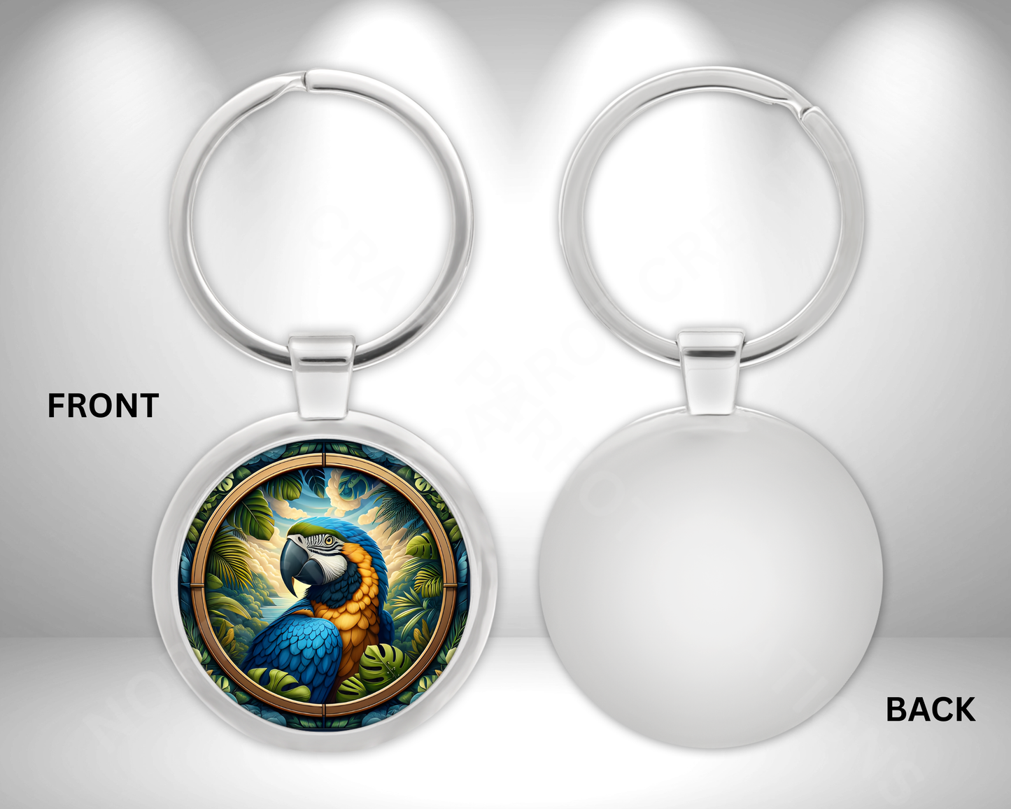 Blue and Gold Macaw in Rainforest Theme Circle Metal Keychain
