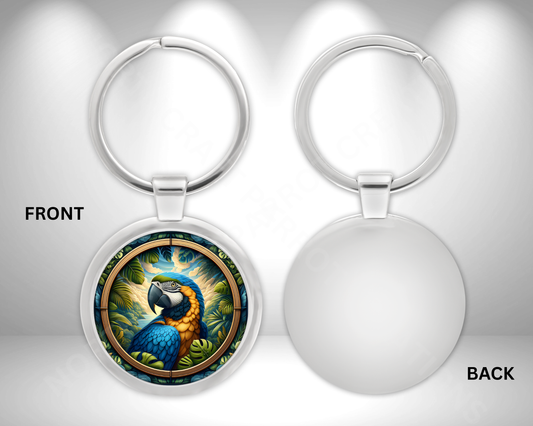 Blue and Gold Macaw in Rainforest Theme Circle Metal Keychain