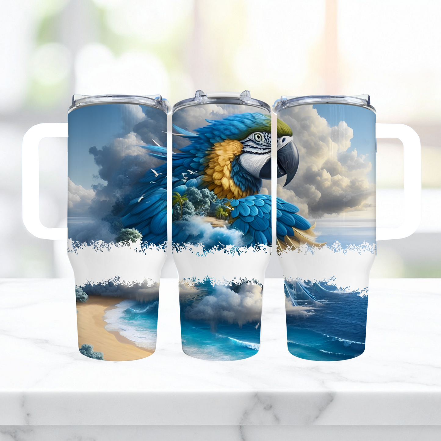Blue and Gold Macaw Merging in to Ocean and Clouds 40oz Tumbler