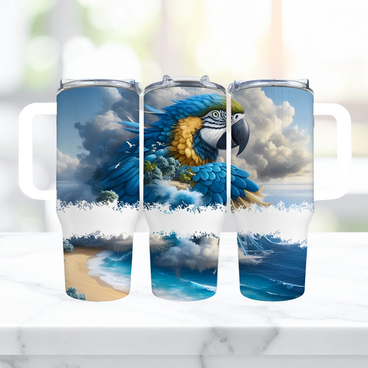 Blue and Gold Macaw Merging in to Ocean and Clouds 40oz Tumbler
