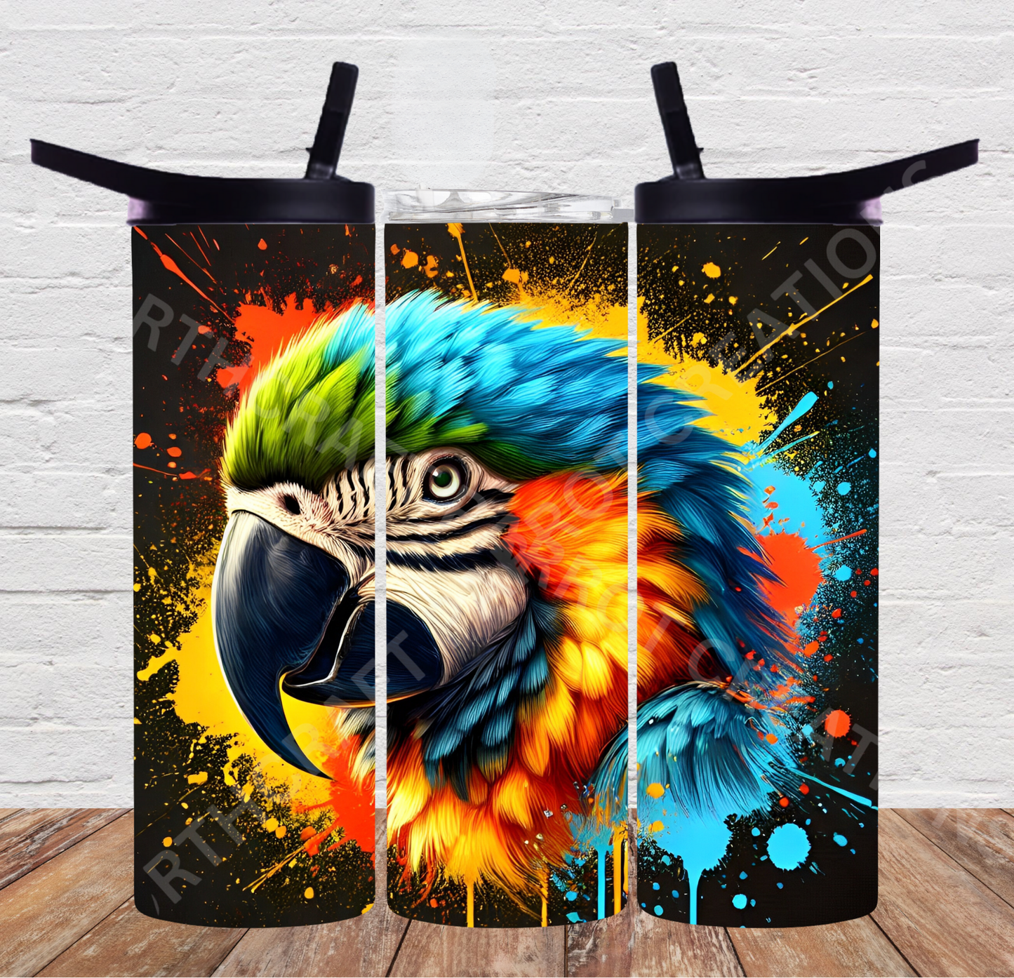Blue & Gold Macaw Paint Splatter Black Background 20oz or 30oz Tumbler