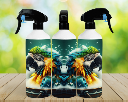 Blue and Gold Macaw Pair in Bubble Bath 16oz Misting Spray Bottle