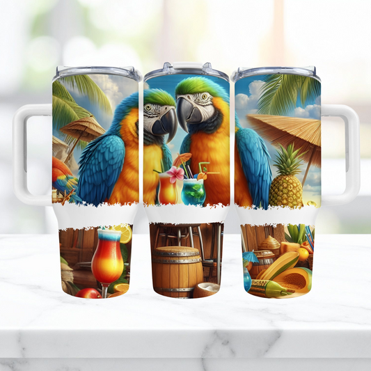 Blue and Gold Macaw Pair Sitting at Tiki Bar 40oz Tumbler