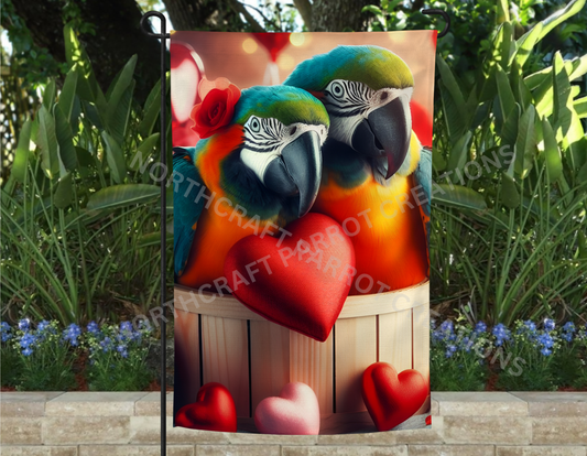 Blue and Gold Macaw Pair in Basket with Hearts Garden Flag