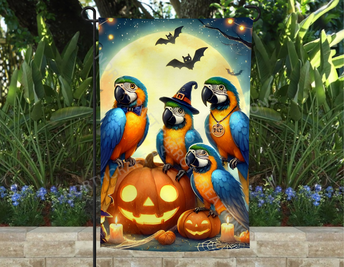 Blue and Gold Macaws with Pumpkins Halloween Garden Flag