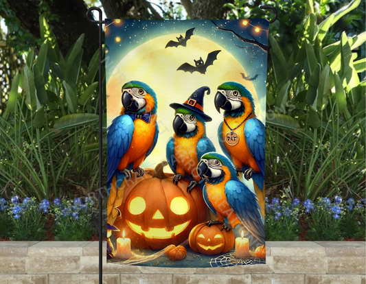 Blue and Gold Macaws with Pumpkins Halloween Garden Flag