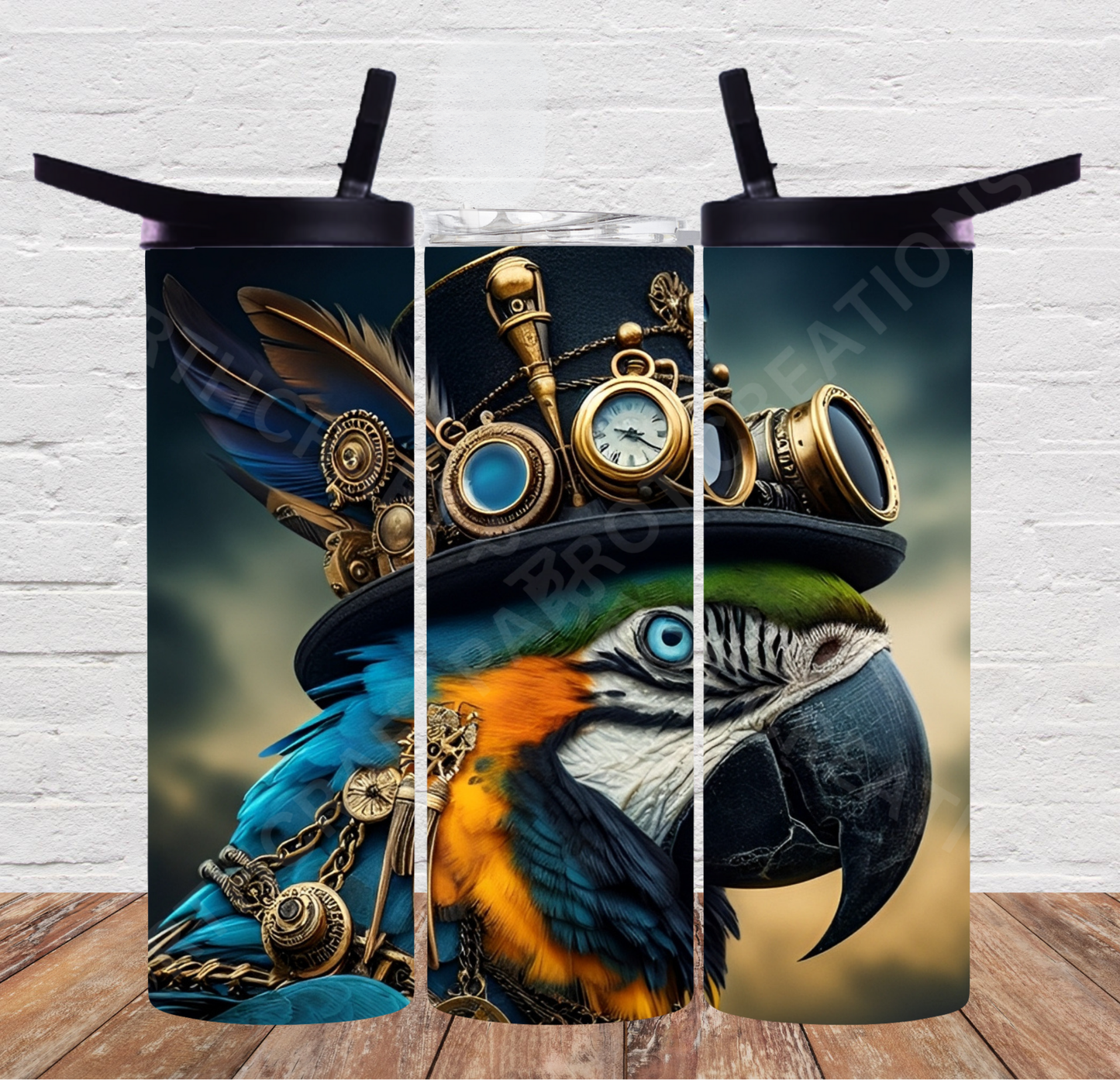 Blue & Gold Macaw in a Steampunk Theme 20oz or 30oz Duo-lid Tumbler