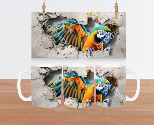 Blue and Gold Macaw Wings Spread "Hole in Wall" 15oz Ceramic Mug