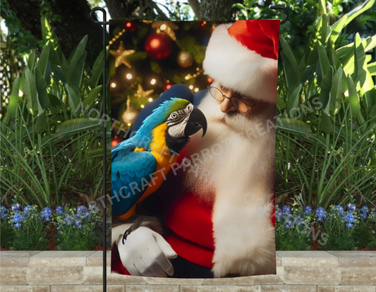 Blue and Gold Macaw with Santa Christmas Garden Flag