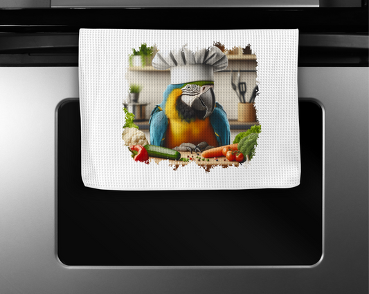 Blue and Gold Macaw with Veggies Microfiber Kitchen Towel
