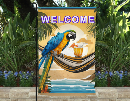 Blue and Gold Macaw Hammock Welcome Garden Flag