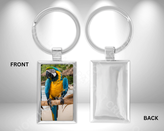 Blue and God Macaw on Branch at Beach Rectangle Metal Keychain