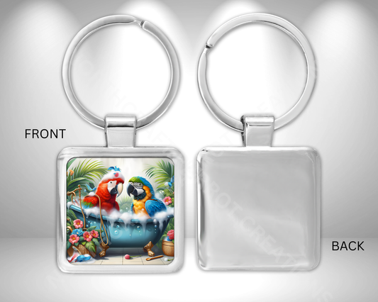Blue and Gold with Green-winged (Greenwing) Macaw in Bathtub Square Metal Keychain