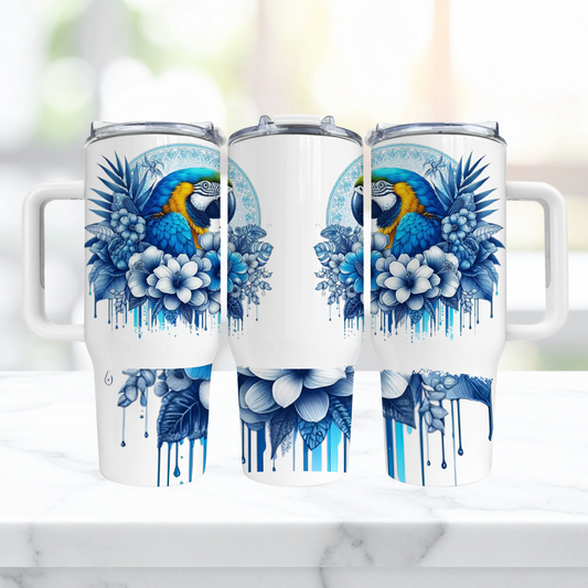 Blue and Gold Macaw with Blue Flowers