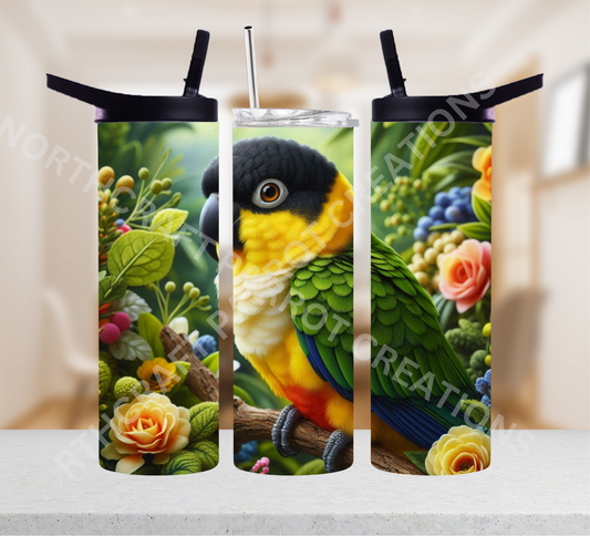 Caique on Branch Around Flowers 20oz or 30oz Tumbler