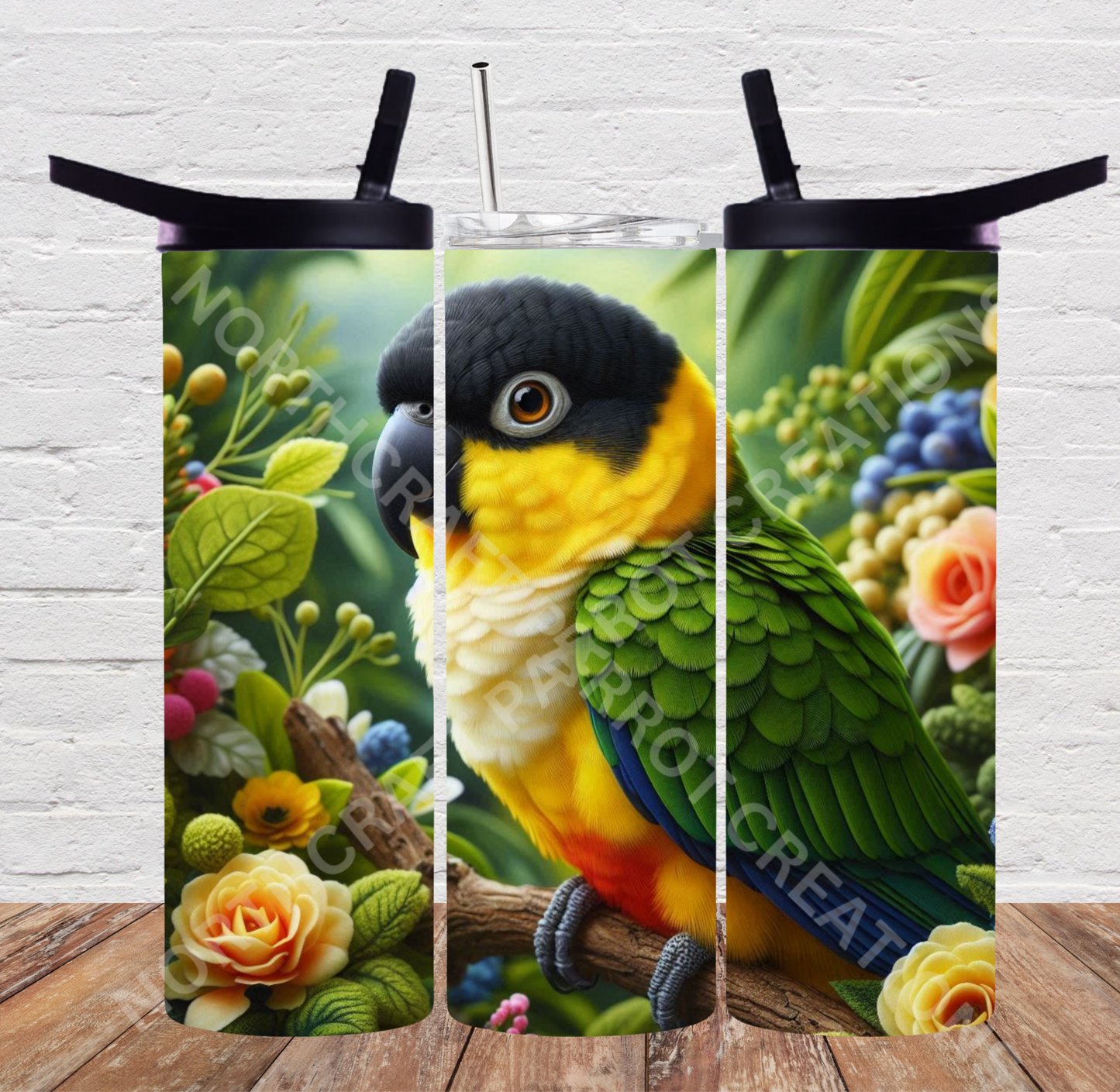 Caique on Branch Around Flowers 20oz or 30oz Tumbler