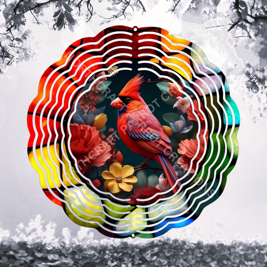 Cardinal in Flowers Colorful Edge 8" or 10" Wind Spinner