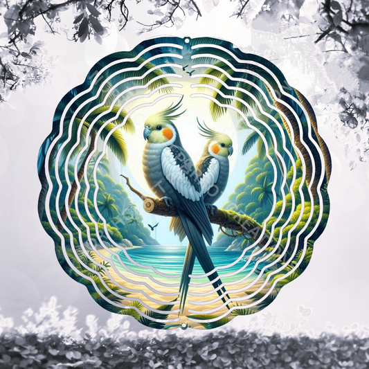 Cockatiel Pair in Rainforest 8" or 10" Wind Spinner