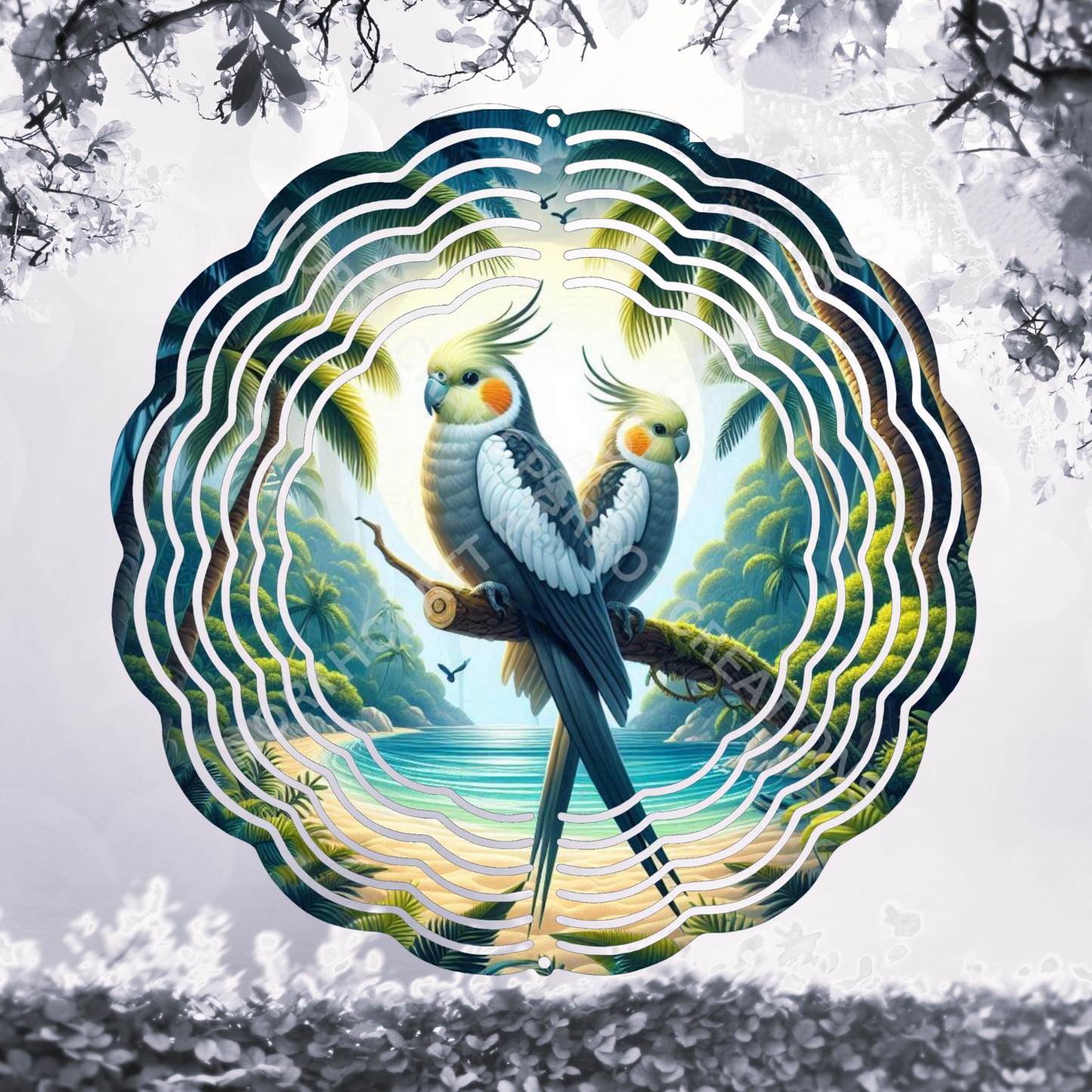 Cockatiel Pair in Rainforest 8" or 10" Wind Spinner