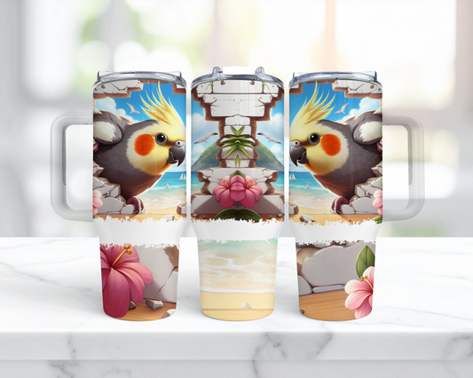 Cockatiel Breaking Through Wall on Beach 40oz Tumbler