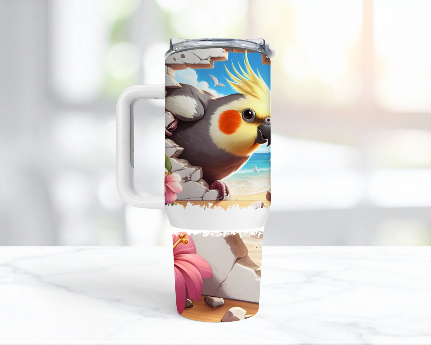 Cockatiel Breaking Through Wall on Beach 40oz Tumbler