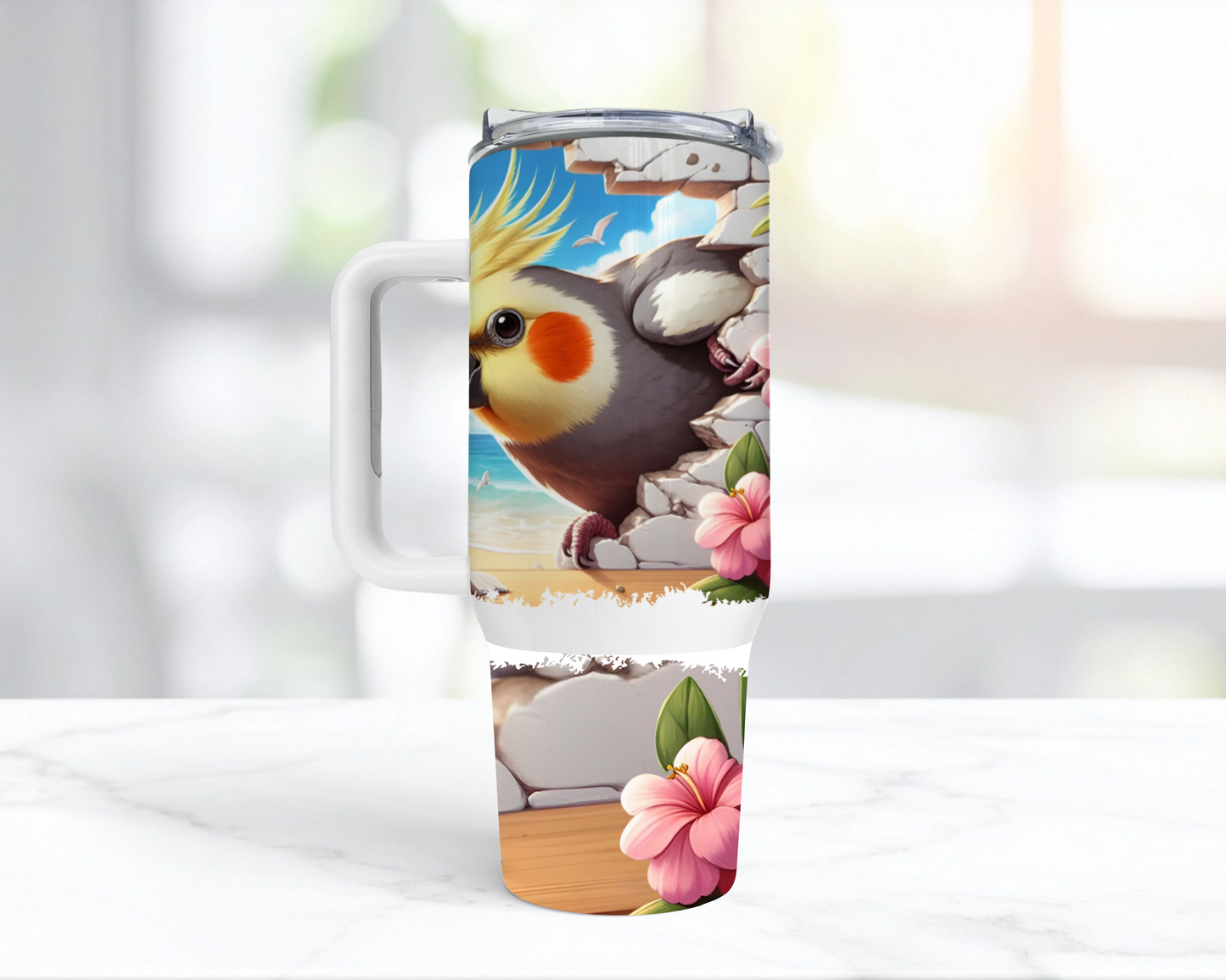 Cockatiel Breaking Through Wall on Beach 40oz Tumbler