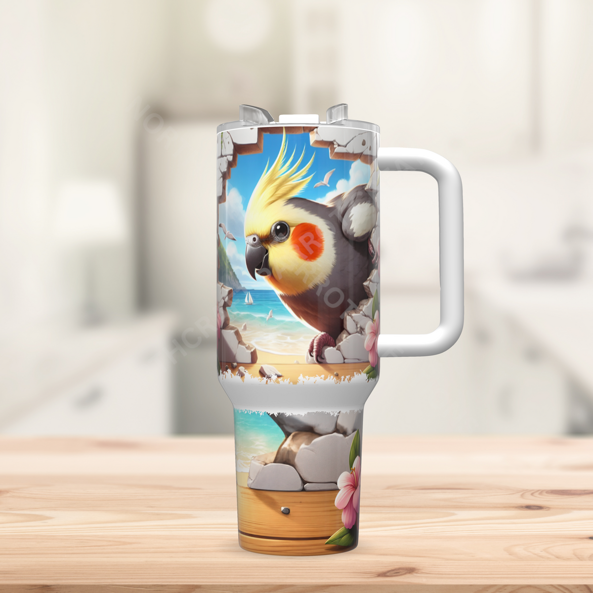 Cockatiel Breaking Through Wall on Beach 40oz Stainless Steel Tumbler
