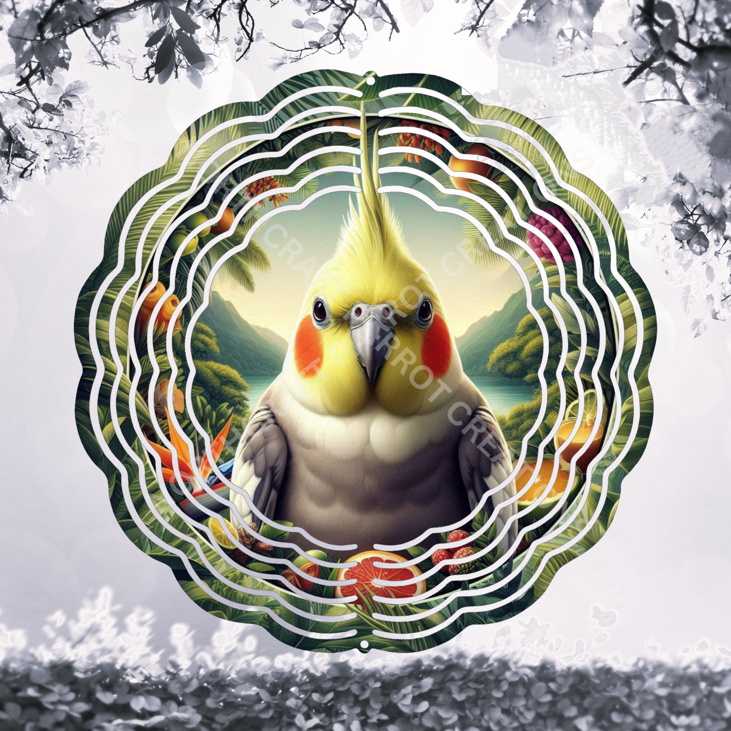 Cockatiel Front View with Tropical Scene 8" or 10" Wind Spinner